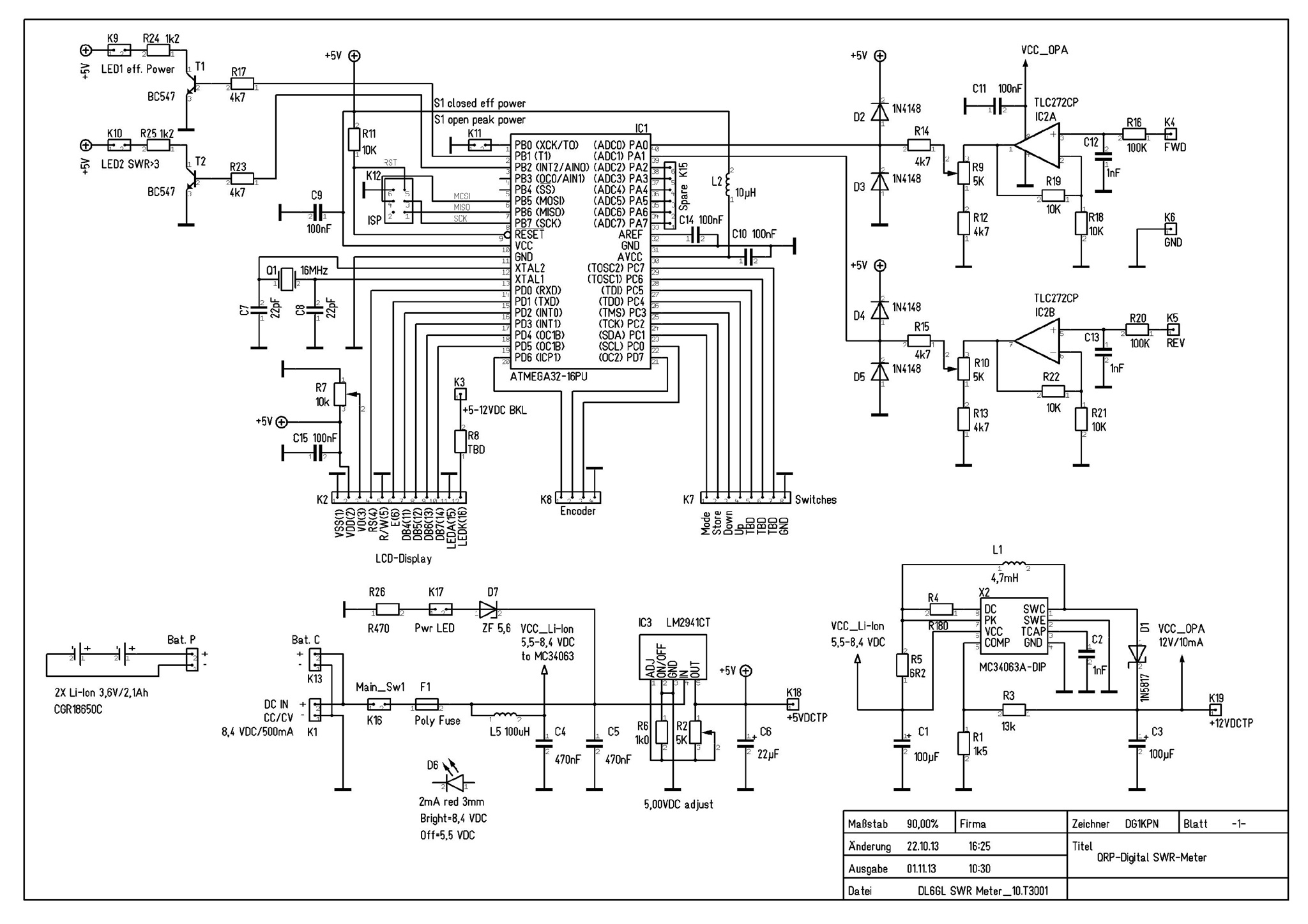 SWR-/Powermeter mit Diodengleichrichtern. Schaltung Controller mit ATmega32 (PDIP).
